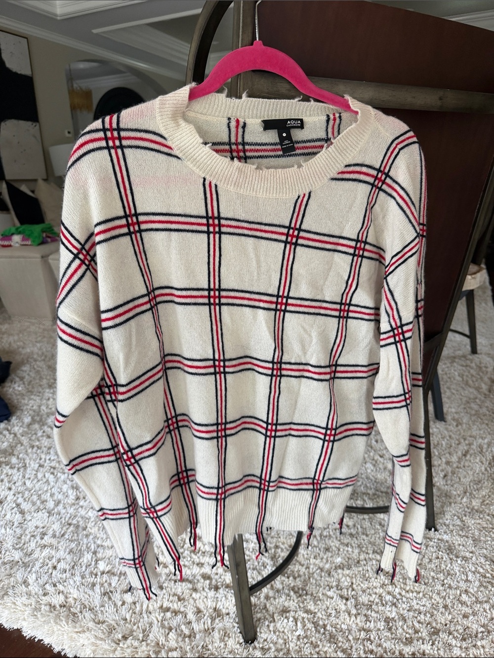 Aqua Cream Cashmere Crewneck Sweater with Pink and Black Windowpane